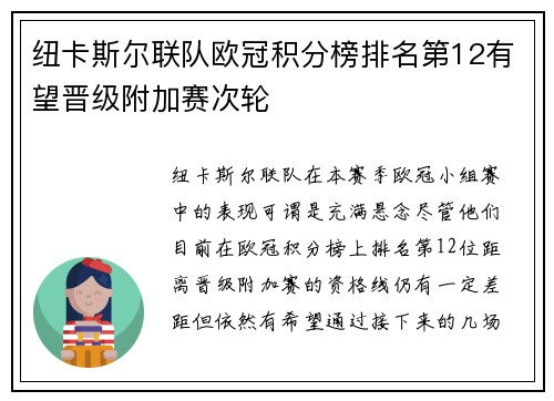 纽卡斯尔联队欧冠积分榜排名第12有望晋级附加赛次轮