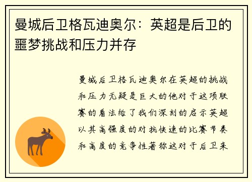 曼城后卫格瓦迪奥尔：英超是后卫的噩梦挑战和压力并存